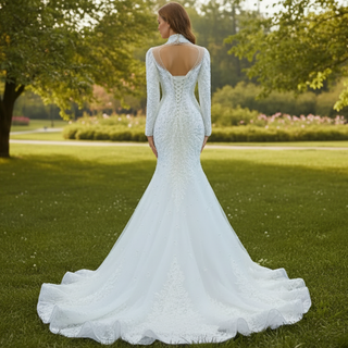 Keyhole High Neck Pearl Mermaid Wedding Dress with Long Sleeves
