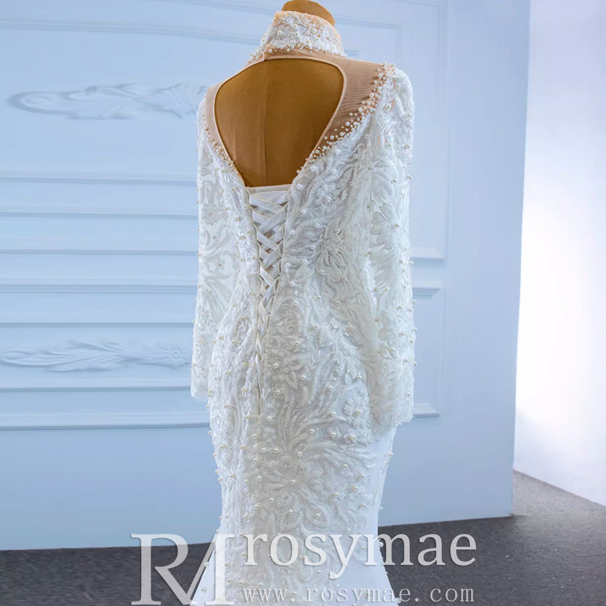 Keyhole High Neck Pearl Mermaid Wedding Dress with Long Sleeves Rosymae Keyhole High Neck Pearl Mermaid Wedding Dress with Long Sleeves Rosymae
