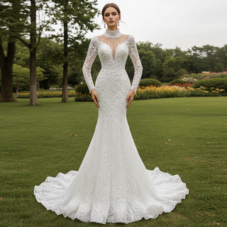 Keyhole High Neck Pearl Mermaid Wedding Dress with Long Sleeves