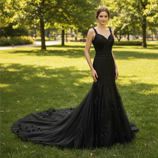 Mermaid Lace Applique Black Wedding Dress Backless Bridal Gowns