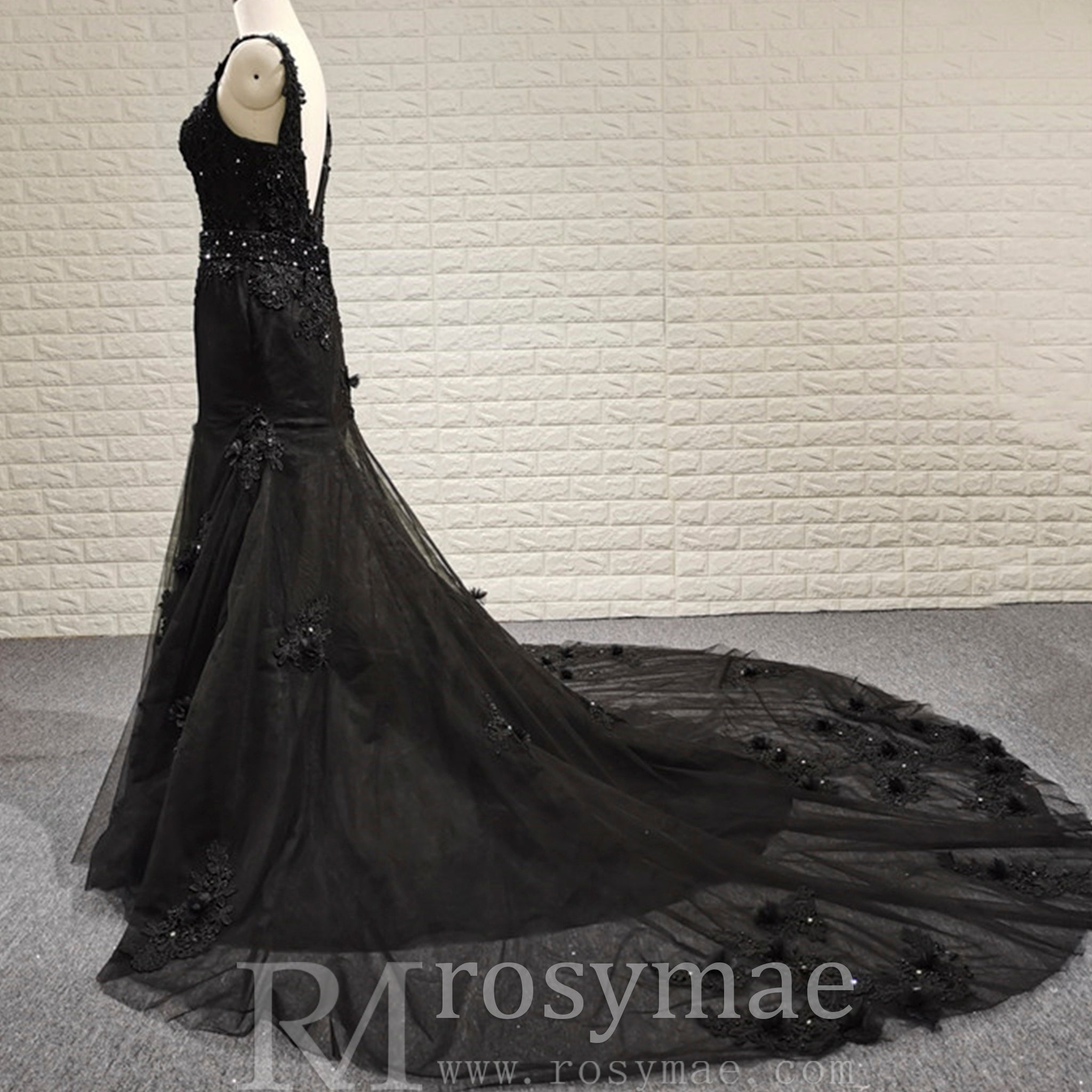 Mermaid Lace Applique Black Wedding Dress Backless Bridal Gowns Black / 10 Mermaid Lace Applique Black Wedding Dress Backless Bridal Gowns Black / 10