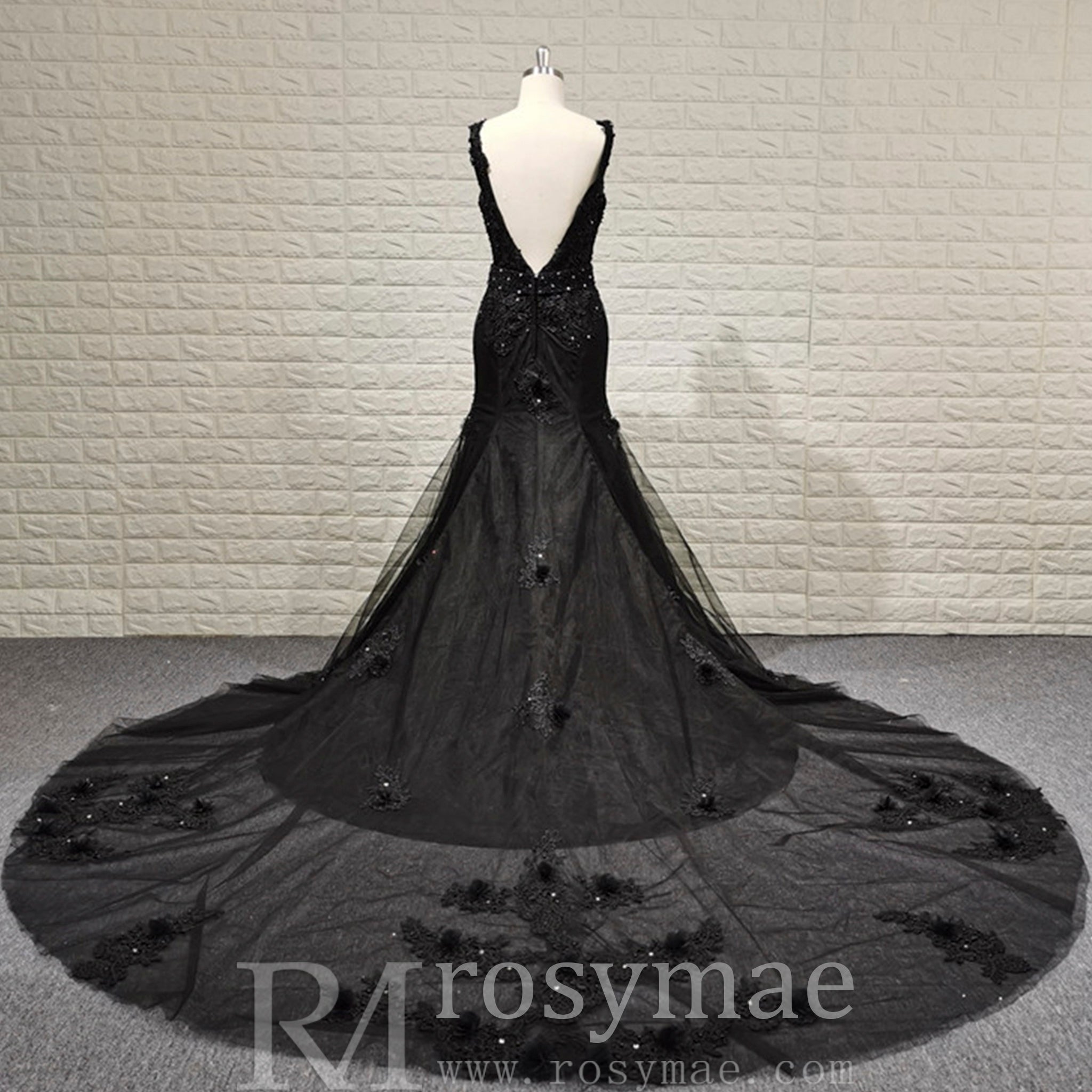 Mermaid Lace Applique Black Wedding Dress Backless Bridal Gowns Rosymae Mermaid Lace Applique Black Wedding Dress Backless Bridal Gowns Rosymae