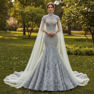 Keyhole Back Cape Wedding Dress Sheer Scoop Mermaid Bridal Gown