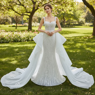 Mermaid Tulle Appliques Wedding Dress With Detachable Train