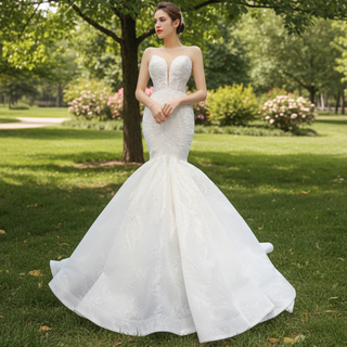 High Sheer Back Beaded Lace Trumpet Wedding Dress with Cap Sleeve