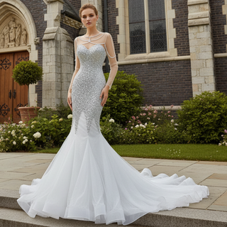 Luxury Rhinestone Mermaid Wedding Dress with Long Sleeves