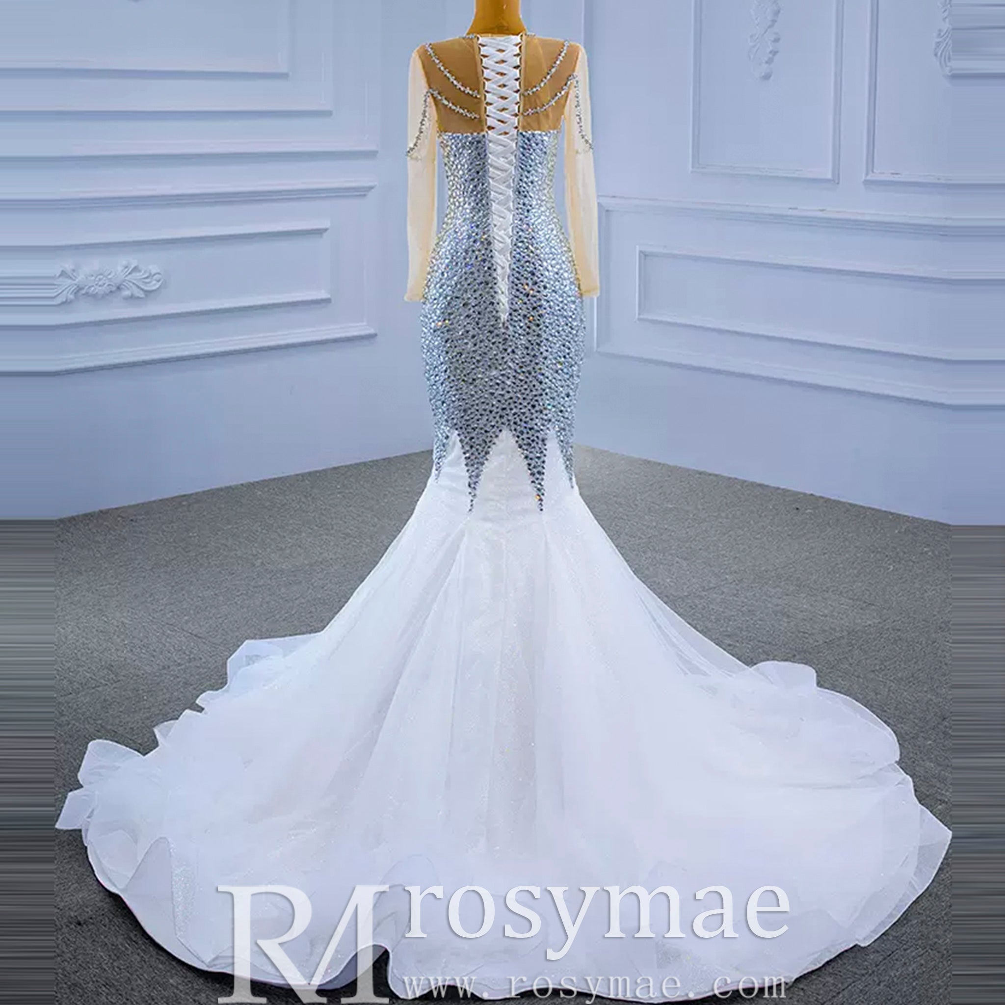 Luxury Rhinestone Mermaid Wedding Dress with Long Sleeves White / 18W Luxury Rhinestone Mermaid Wedding Dress with Long Sleeves White / 18W