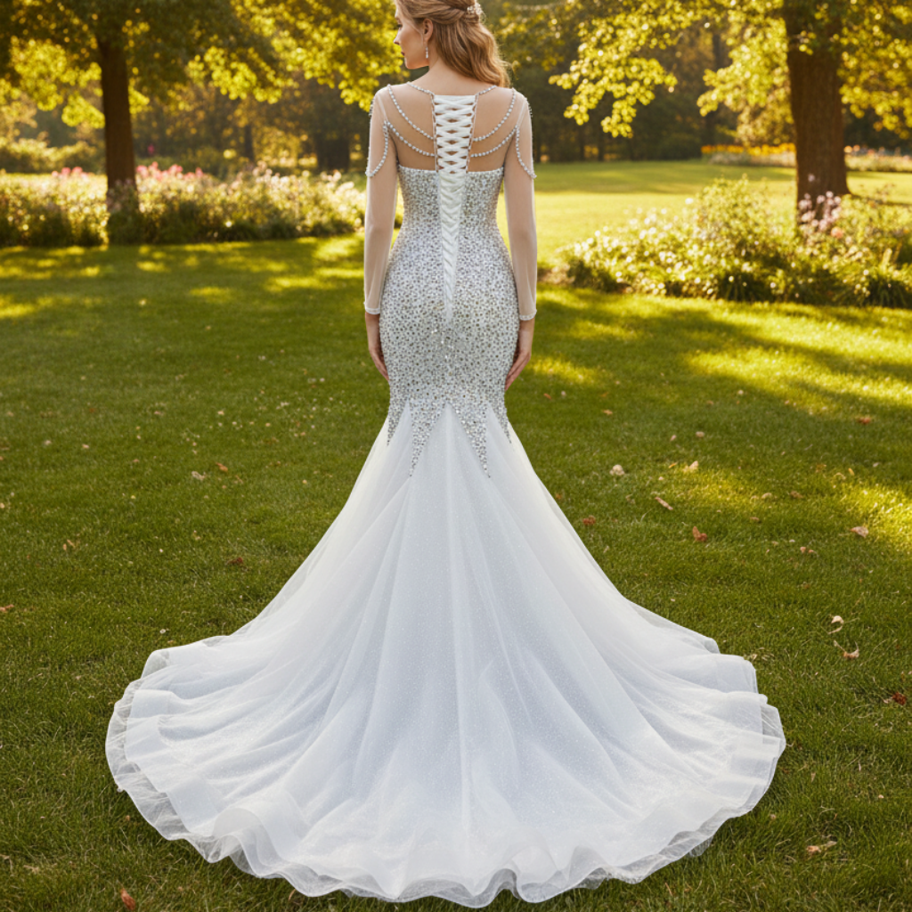 Luxury Rhinestone Mermaid Wedding Dress with Long Sleeves White / 18W Luxury Rhinestone Mermaid Wedding Dress with Long Sleeves White / 18W