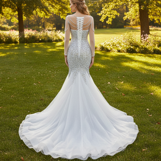 Luxury Rhinestone Mermaid Wedding Dress with Long Sleeves
