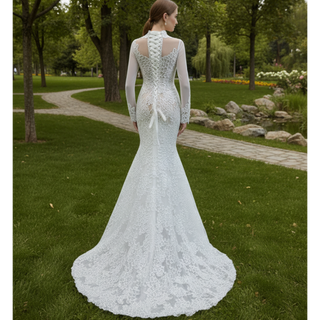 Sheer High O-neck Lace Mermaid Wedding Dress with Long Sleeves