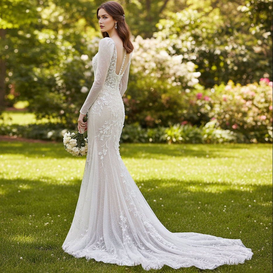 Elegant Mermaid Wedding Dress Long Sleeves With Scoop Neck Rosymae Elegant Mermaid Wedding Dress Long Sleeves With Scoop Neck Rosymae