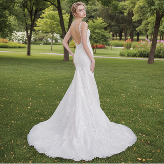 Fit and Flare Lace Wedding Dress with Double Spaghetti Straps