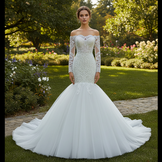 Off Shoulder Long Sleeve Mermaid Wedding Dress Beaded Lace Bridal Dress