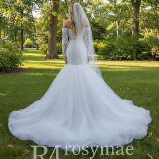 Off Shoulder Long Sleeve Mermaid Wedding Dress Beaded Lace Bridal Dress