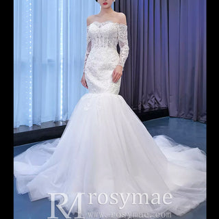 Off Shoulder Long Sleeve Mermaid Wedding Dress Beaded Lace Bridal Dress White / 20W Off Shoulder Long Sleeve Mermaid Wedding Dress Beaded Lace Bridal Dress White / 20W