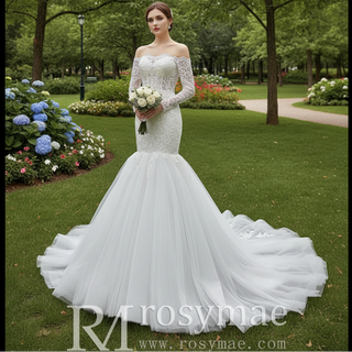 Off Shoulder Long Sleeve Mermaid Wedding Dress Beaded Lace Bridal Dress