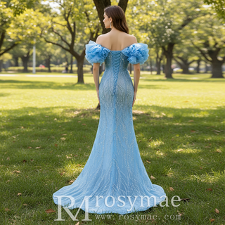 Mermaid See Through Ruffle Short Sleeves Sweep Train Prom Formal Dresses