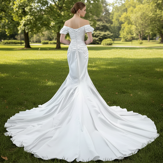 Mermaid Vneck Satin Wedding Dresses with Off the Shoulder Bridal Dress