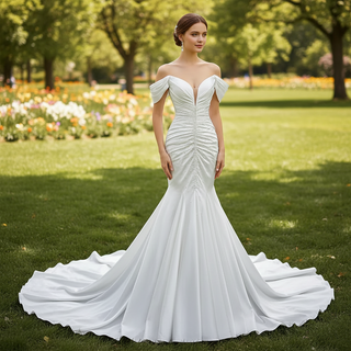 Mermaid Vneck Satin Wedding Dresses with Off the Shoulder Bridal Dress