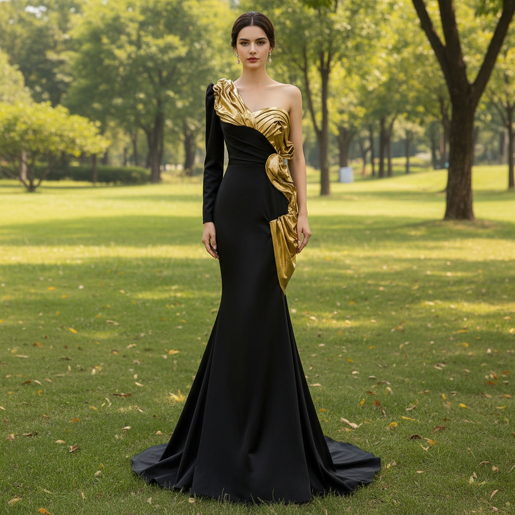 Classic Black and Gold Mermaid Wedding Dresses with One Long Sleeve Rosymae Classic Black and Gold Mermaid Wedding Dresses with One Long Sleeve Rosymae