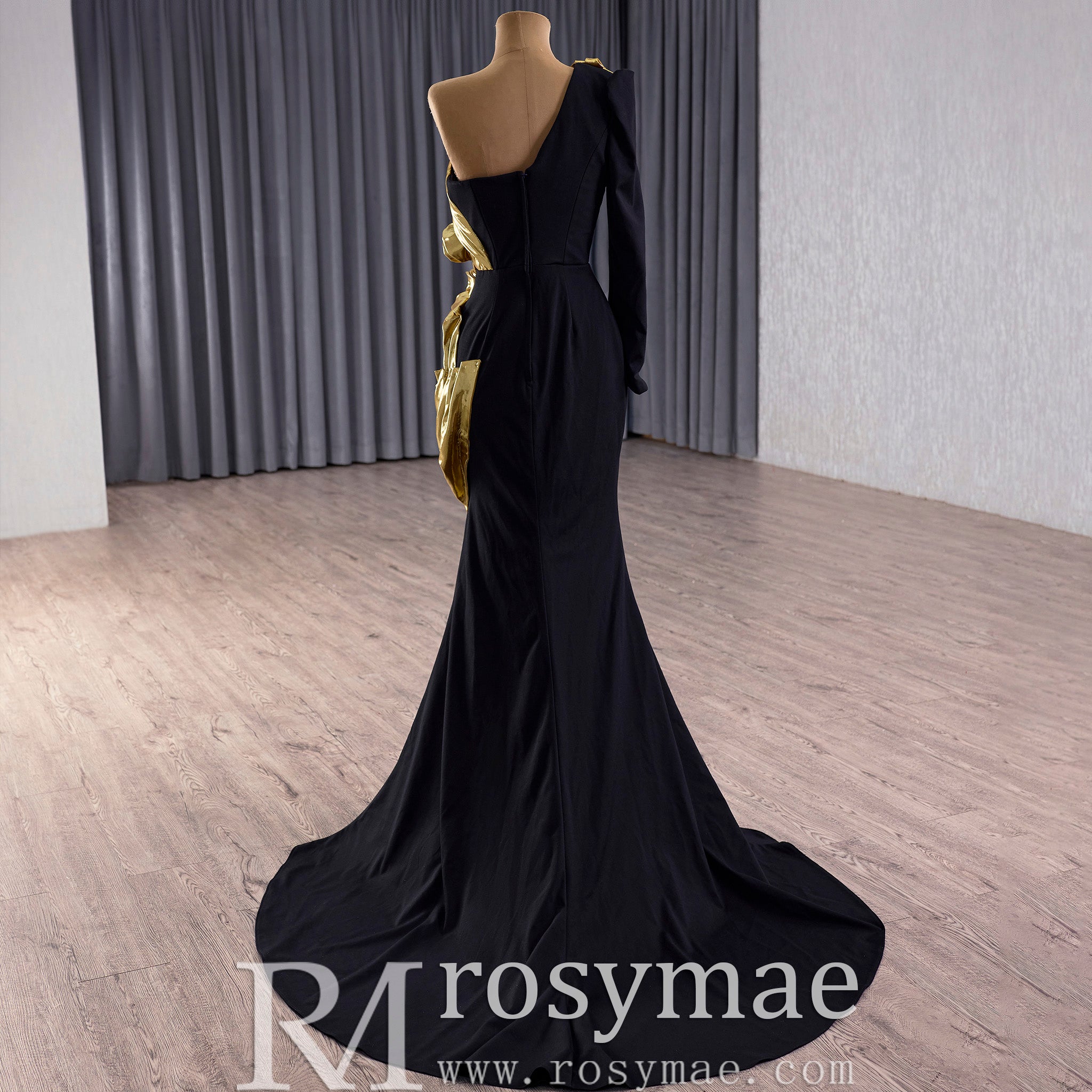Classic Black and Gold Mermaid Wedding Dresses with One Long Sleeve Rosymae Classic Black and Gold Mermaid Wedding Dresses with One Long Sleeve Rosymae