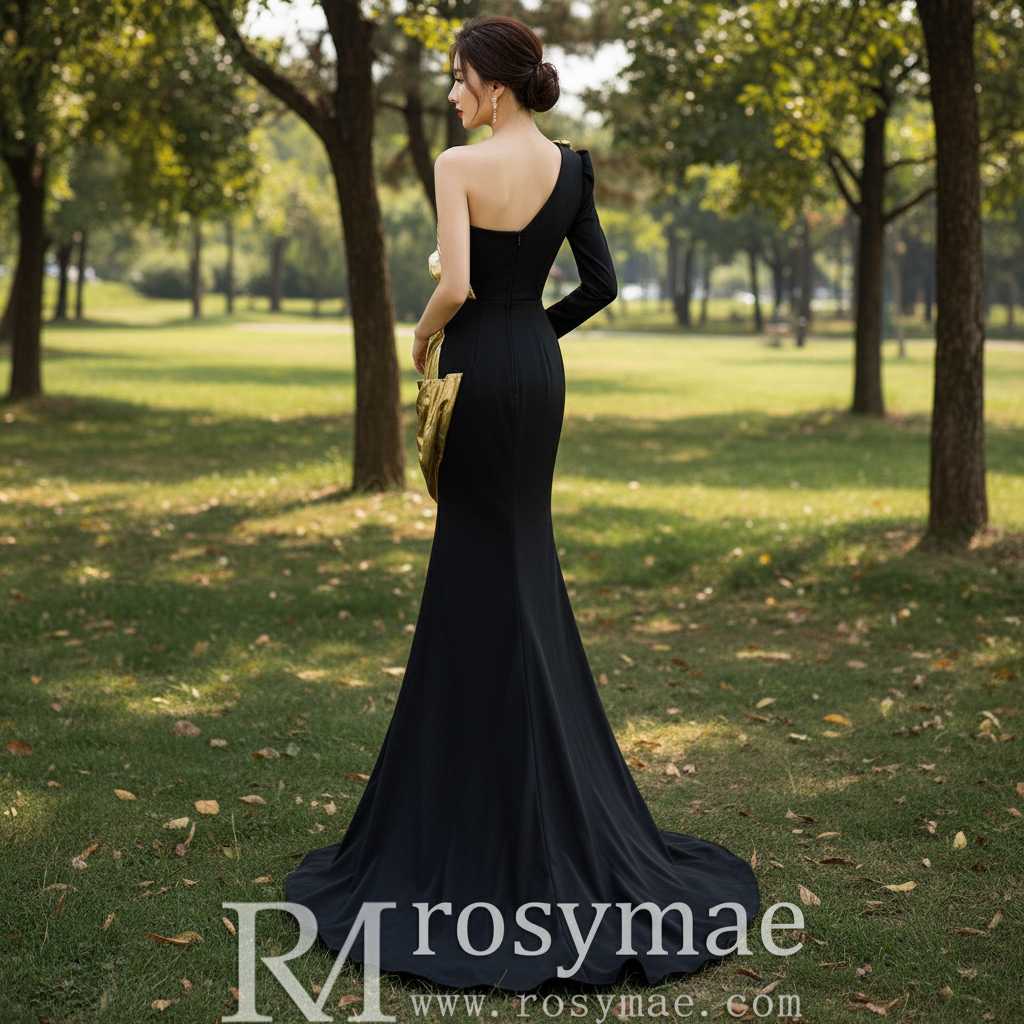 Classic Black and Gold Mermaid Wedding Dresses with One Long Sleeve Black and Gold / Custom Size Classic Black and Gold Mermaid Wedding Dresses with One Long Sleeve Black and Gold / Custom Size