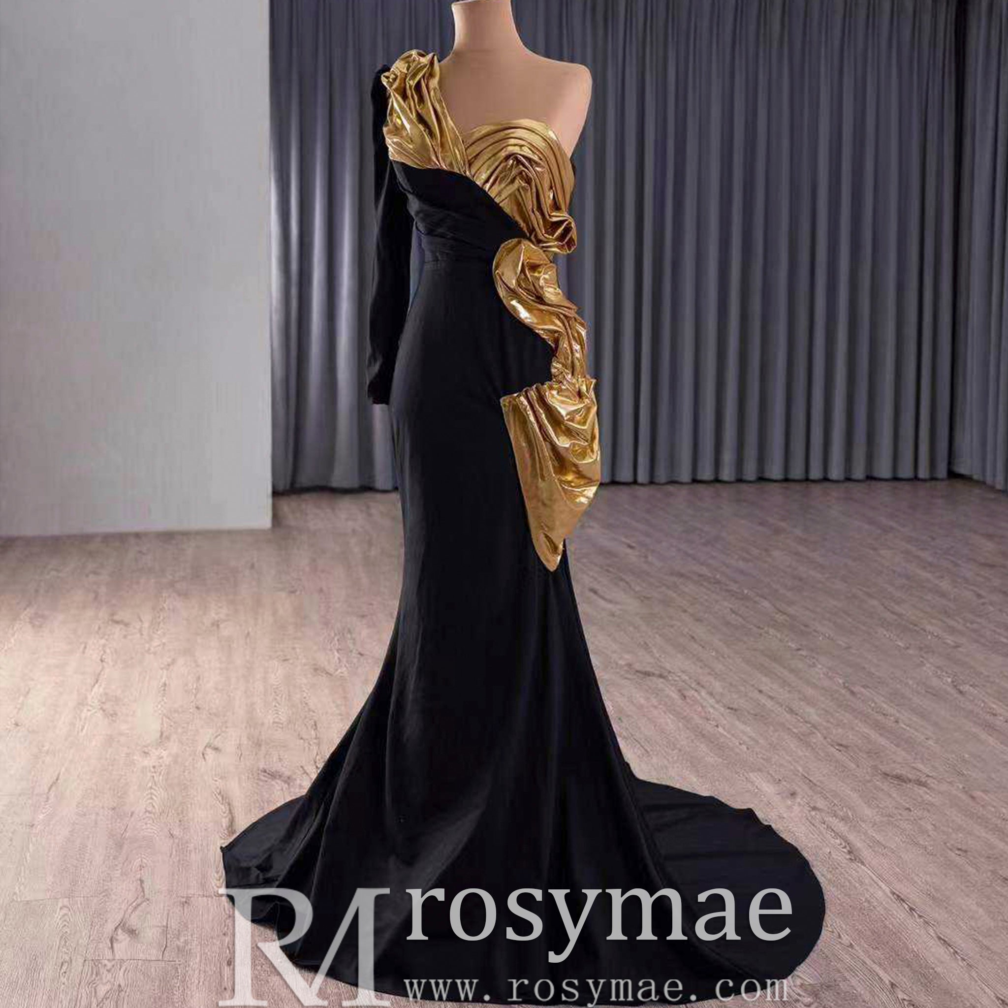 Classic Black and Gold Mermaid Wedding Dresses with One Long Sleeve Rosymae Classic Black and Gold Mermaid Wedding Dresses with One Long Sleeve Rosymae