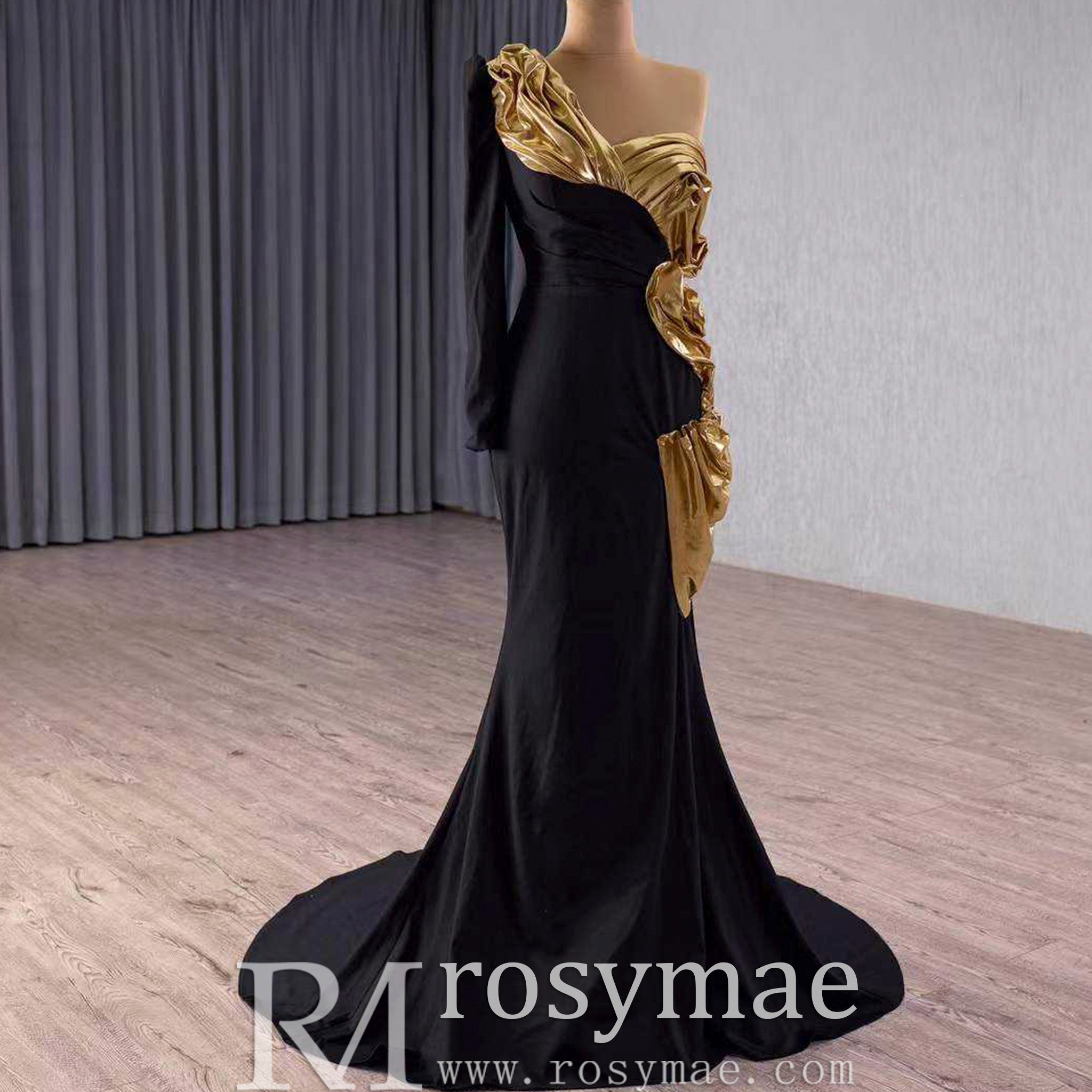 Classic Black and Gold Mermaid Wedding Dresses with One Long Sleeve Black and Gold / Custom Size Classic Black and Gold Mermaid Wedding Dresses with One Long Sleeve Black and Gold / Custom Size
