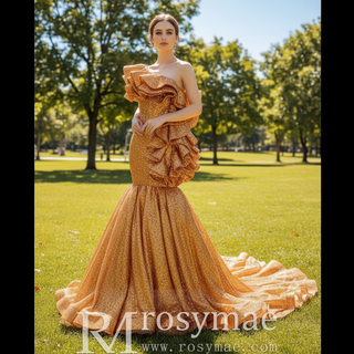 Luxury Gold Sequin Mermaid Wedding Dress Glittery Pageant Gown