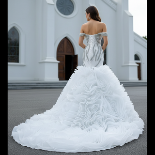 Ruffled Rosette Mermaid Wedding Gown with Detachable Sleeves
