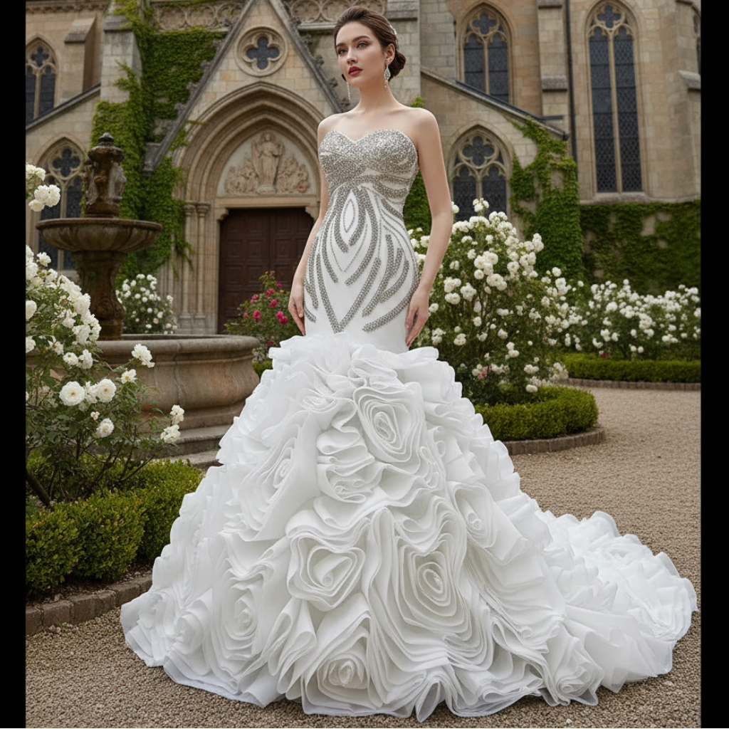 Ruffled Rosette Mermaid Wedding Gown with Detachable Sleeves White / 26W Ruffled Rosette Mermaid Wedding Gown with Detachable Sleeves White / 26W