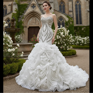 Ruffled Rosette Mermaid Wedding Gown with Detachable Sleeves