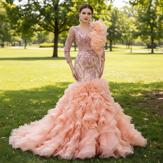 Mermaid Pageant Dress Long Sleeve Ruffled Evening Prom Dresses