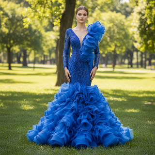 Mermaid Pageant Dress Long Sleeve Ruffled Evening Prom Dresses