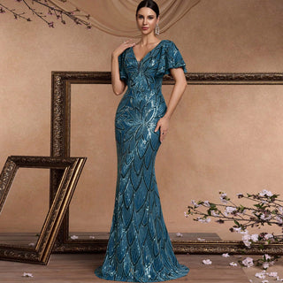 Mermaid Prom Dress Formal Gown Floor Length Short Sleeve V Neck V Back with Sequin