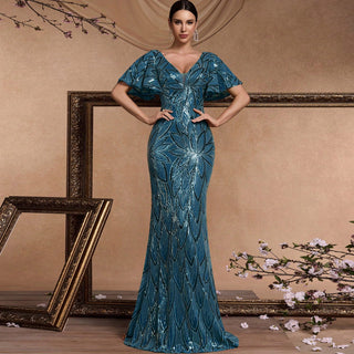 Mermaid Prom Dress Formal Gown Floor Length Short Sleeve V Neck V Back with Sequin