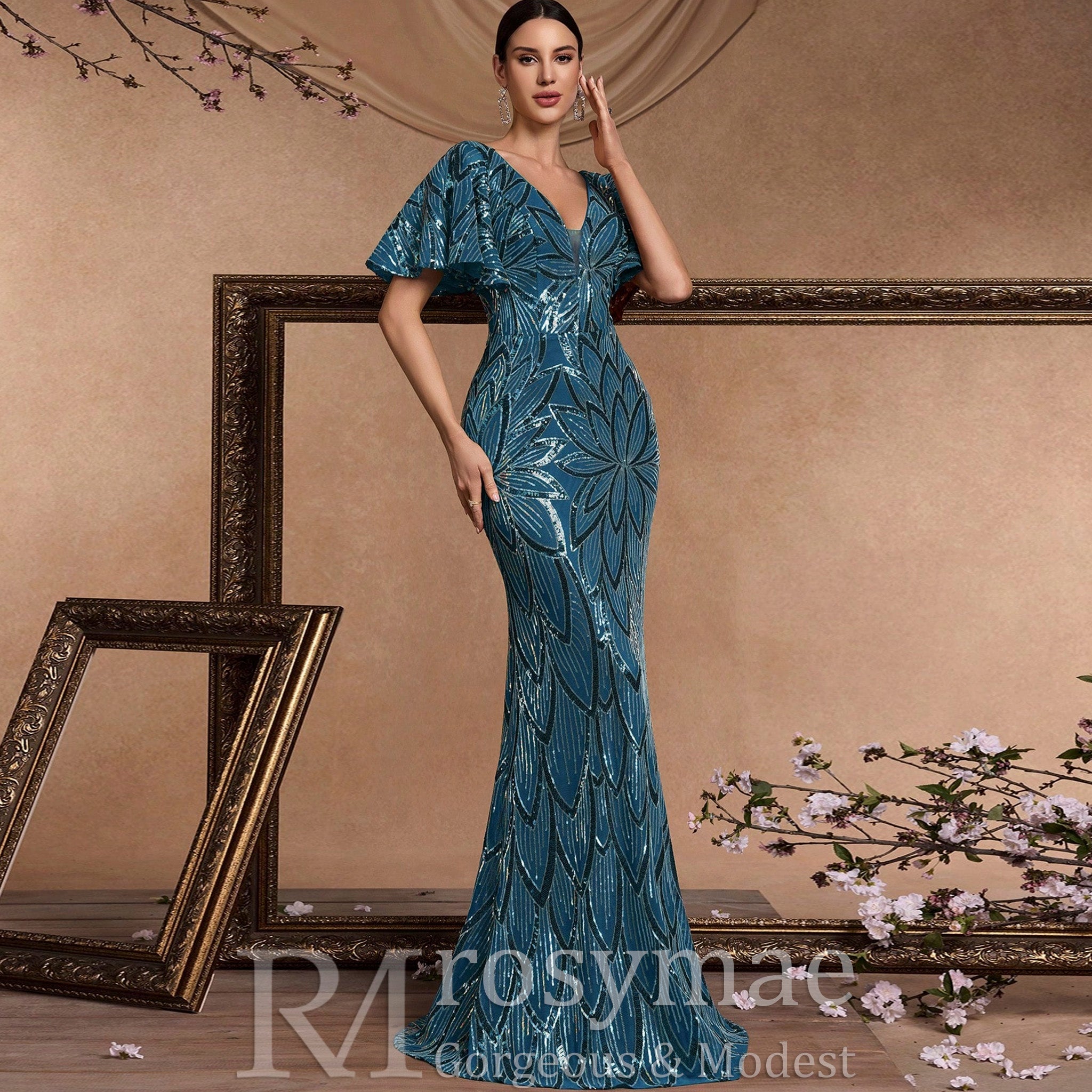 Mermaid Prom Dress Formal Gown Floor Length Short Sleeve V Neck V Back with Sequin Teal Blue / S Mermaid Prom Dress Formal Gown Floor Length Short Sleeve V Neck V Back with Sequin Teal Blue / S