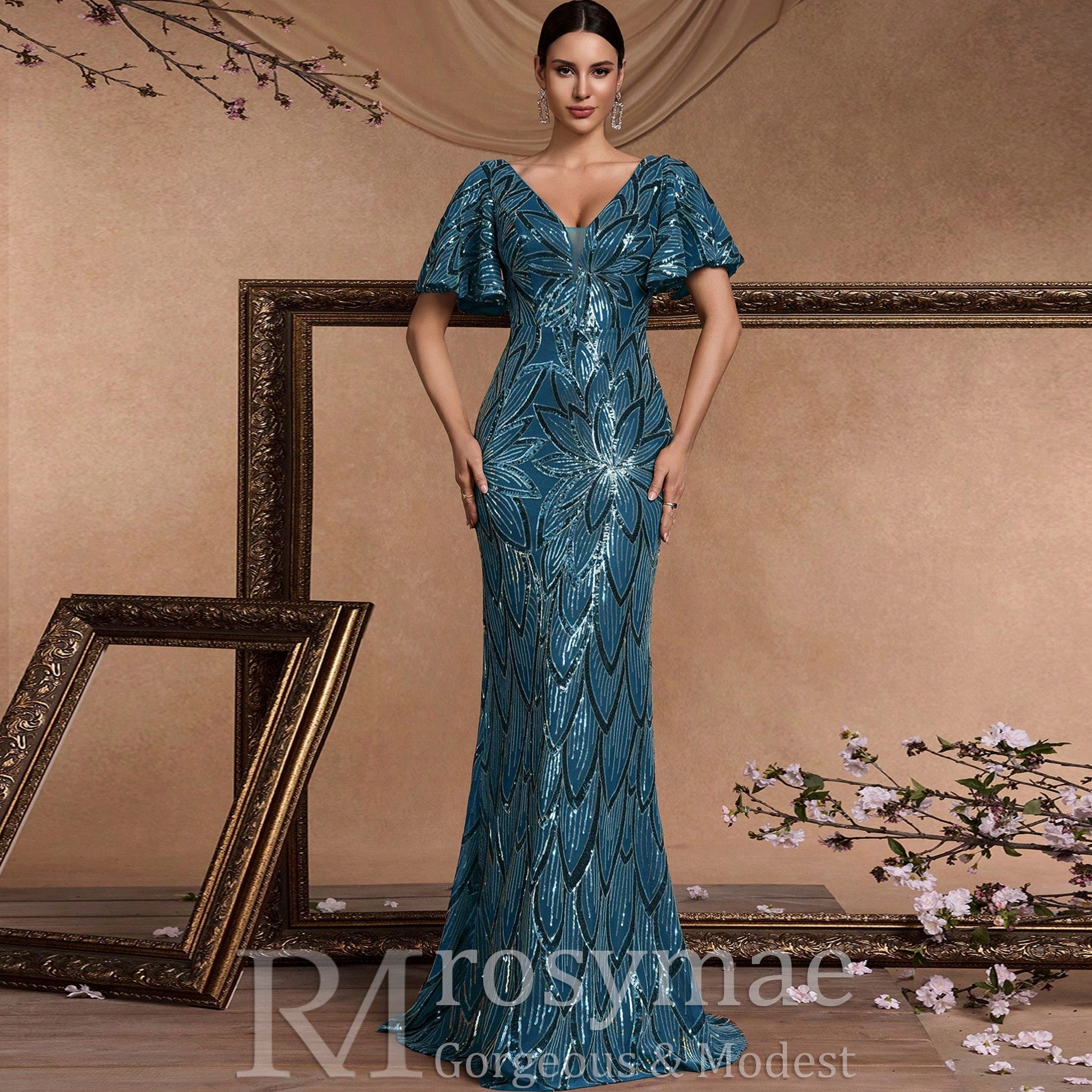Mermaid Prom Dress Formal Gown Floor Length Short Sleeve V Neck V Back with Sequin Teal Blue / S Mermaid Prom Dress Formal Gown Floor Length Short Sleeve V Neck V Back with Sequin Teal Blue / S