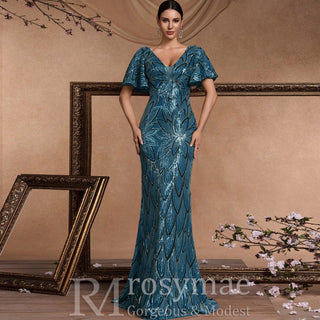 Mermaid Prom Dress Formal Gown Floor Length Short Sleeve V Neck V Back with Sequin