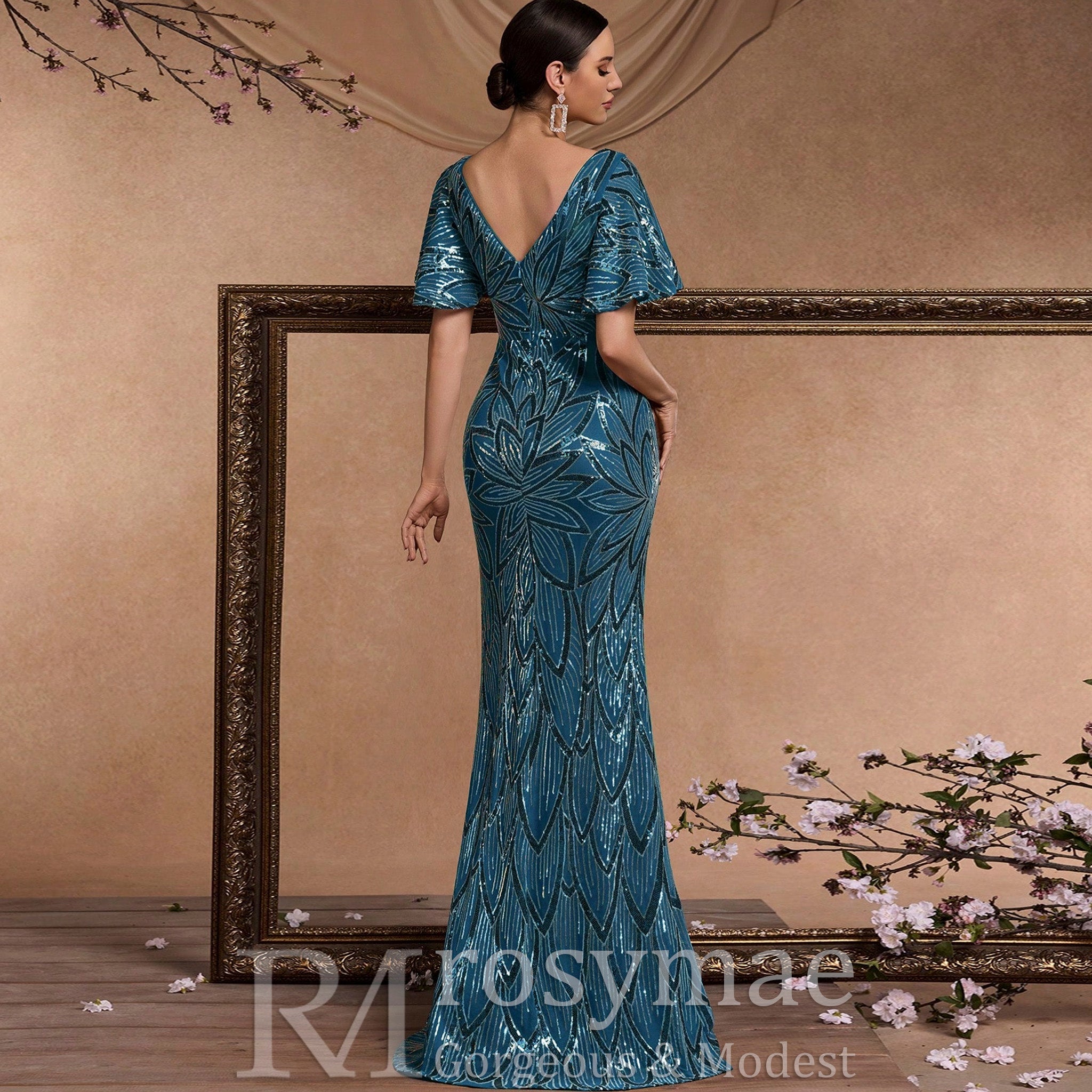 Mermaid Prom Dress Formal Gown Floor Length Short Sleeve V Neck V Back with Sequin Teal Blue / S Mermaid Prom Dress Formal Gown Floor Length Short Sleeve V Neck V Back with Sequin Teal Blue / S