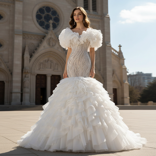 Gorgeous Beading Sequins Cascading Ruffles Wedding Dress