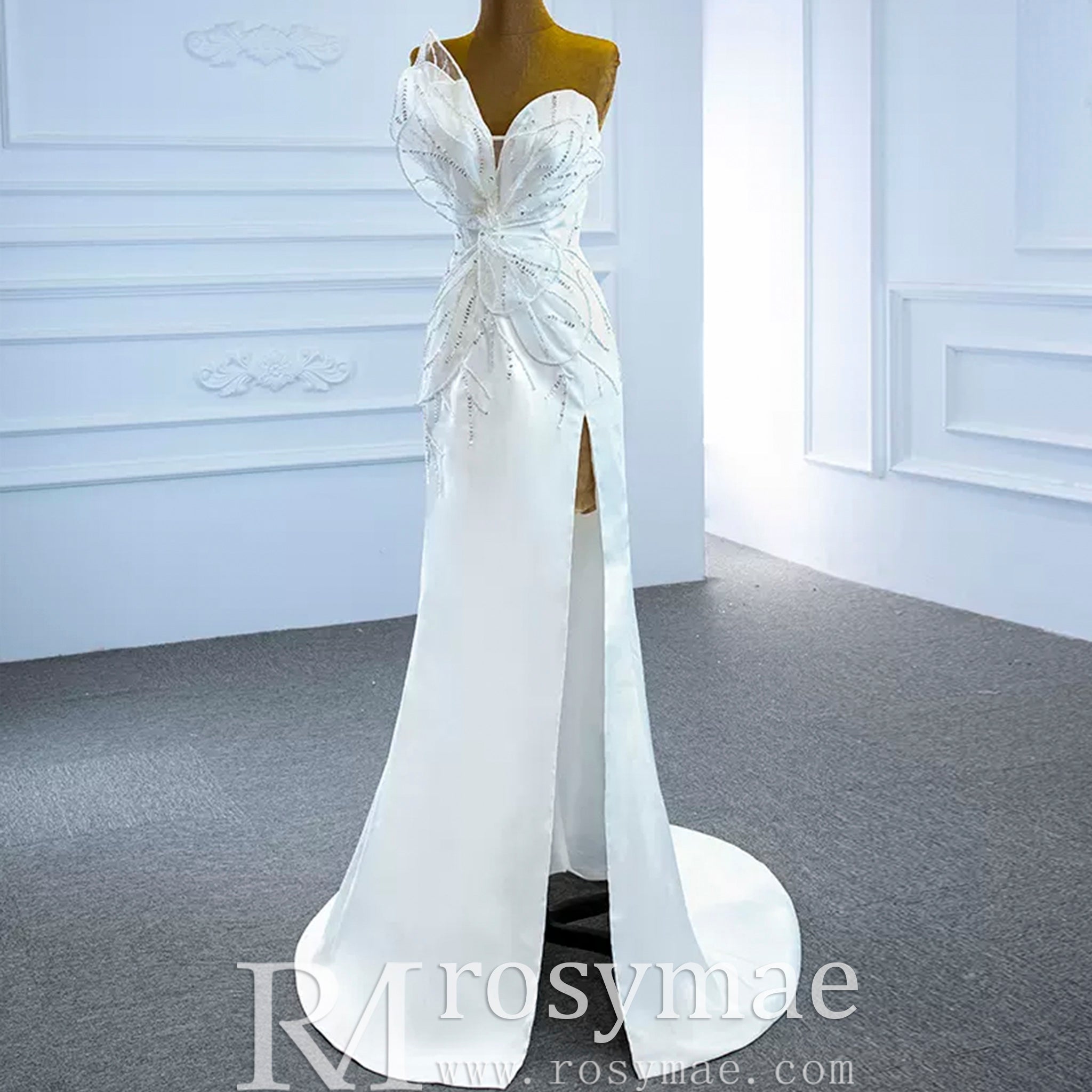 Sweetheart Sheath Satin Modern Butterfly Wedding Dress with Leg Slit White / 18W Sweetheart Sheath Satin Modern Butterfly Wedding Dress with Leg Slit White / 18W
