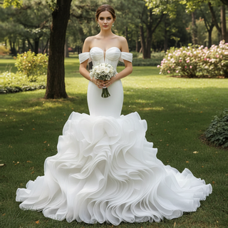 Elegant Ruffle Skirt Trumpet Wedding Dress with Detachable Sleeves