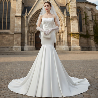 Simple Strapless Satin Trumpet Boat Neck Wedding Dress