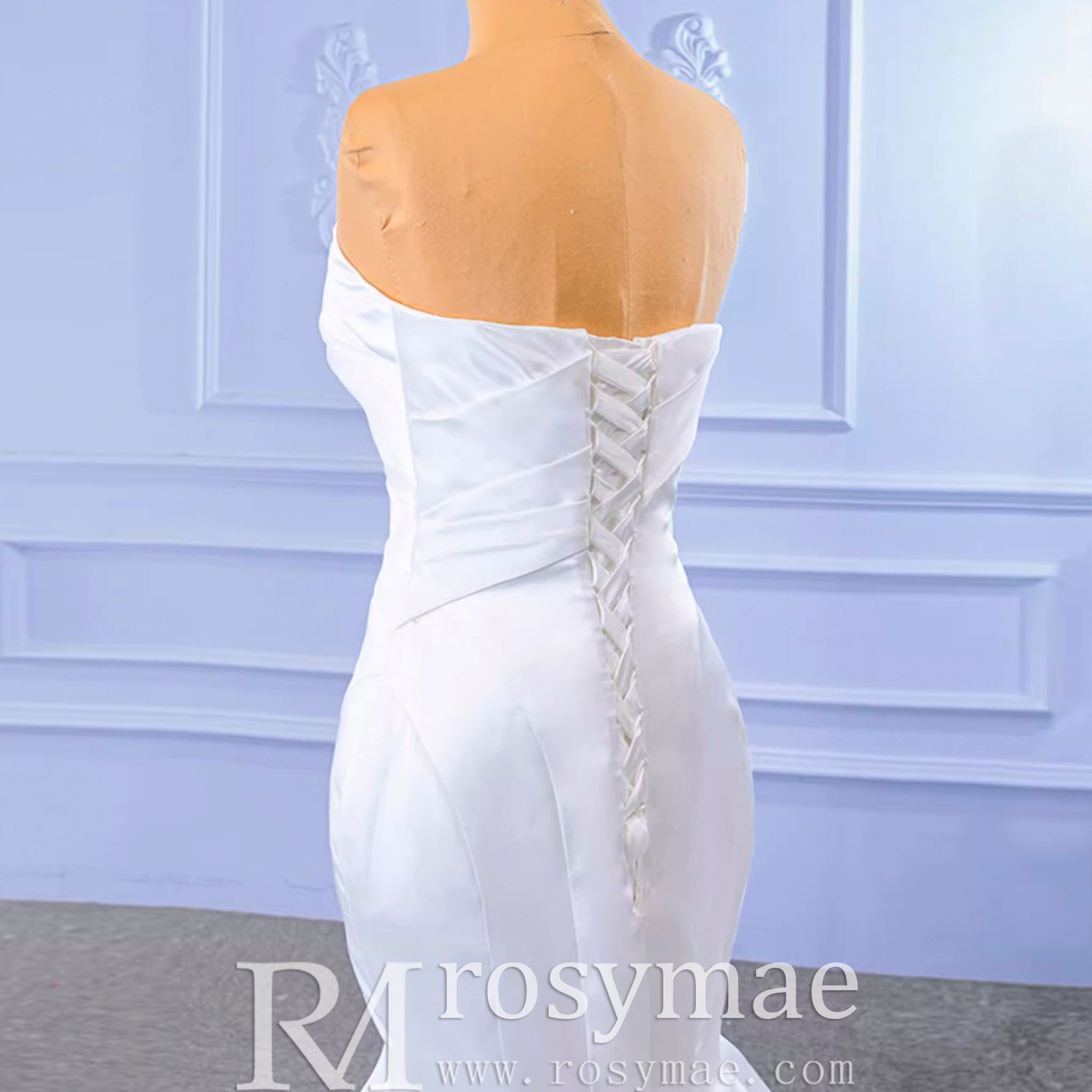 Simple Strapless Satin Trumpet Boat Neck Wedding Dress White / 2 Simple Strapless Satin Trumpet Boat Neck Wedding Dress White / 2