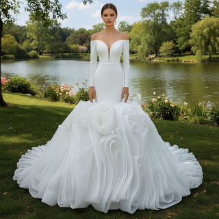 Off the Shoulder Long Sleeve Mermaid Wedding Dress with Ruffled Skirt