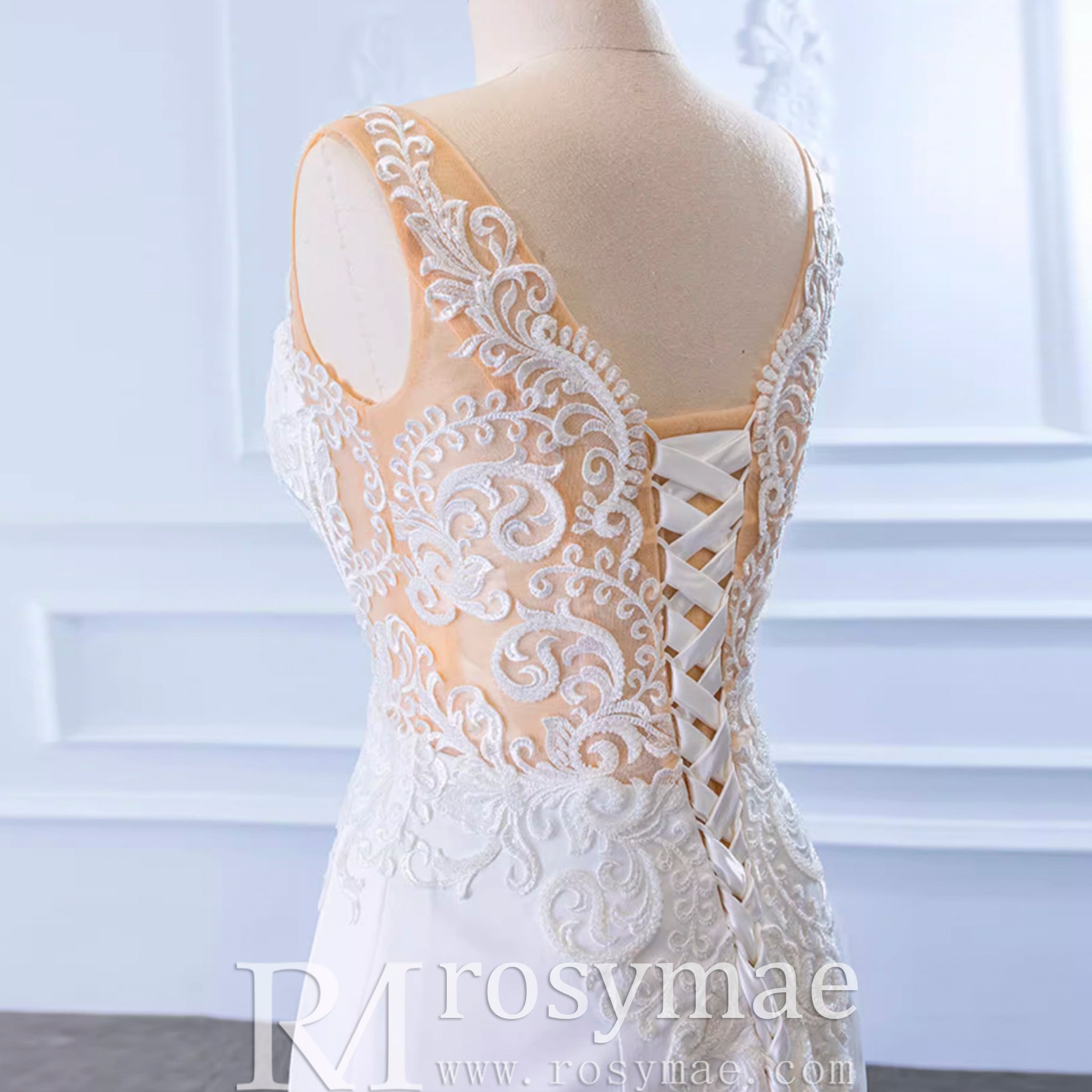 Leaf-Shape Train Mermaid Lace Satin Vneck Wedding Dress with Leg Slit Rosymae Leaf-Shape Train Mermaid Lace Satin Vneck Wedding Dress with Leg Slit Rosymae