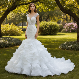 Luxury Pearl Mermaid Ruffle Wedding Dress with Cap Sleeve