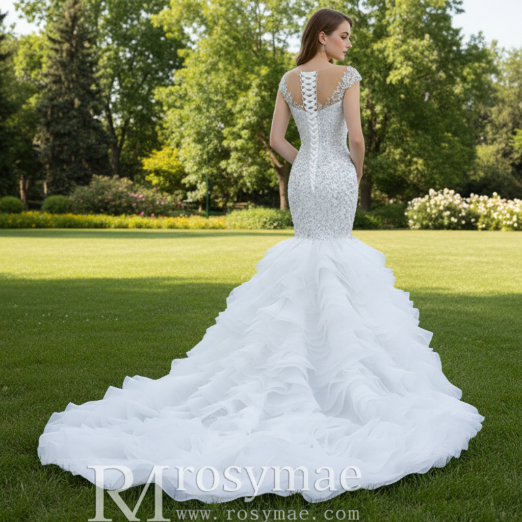Luxury Pearl Mermaid Ruffle Wedding Dress with Cap Sleeve White / 14 Luxury Pearl Mermaid Ruffle Wedding Dress with Cap Sleeve White / 14