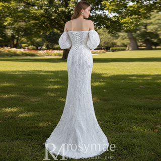 Beaded Modern Off the Shoulder Wedding Dress with Detachable Skirt